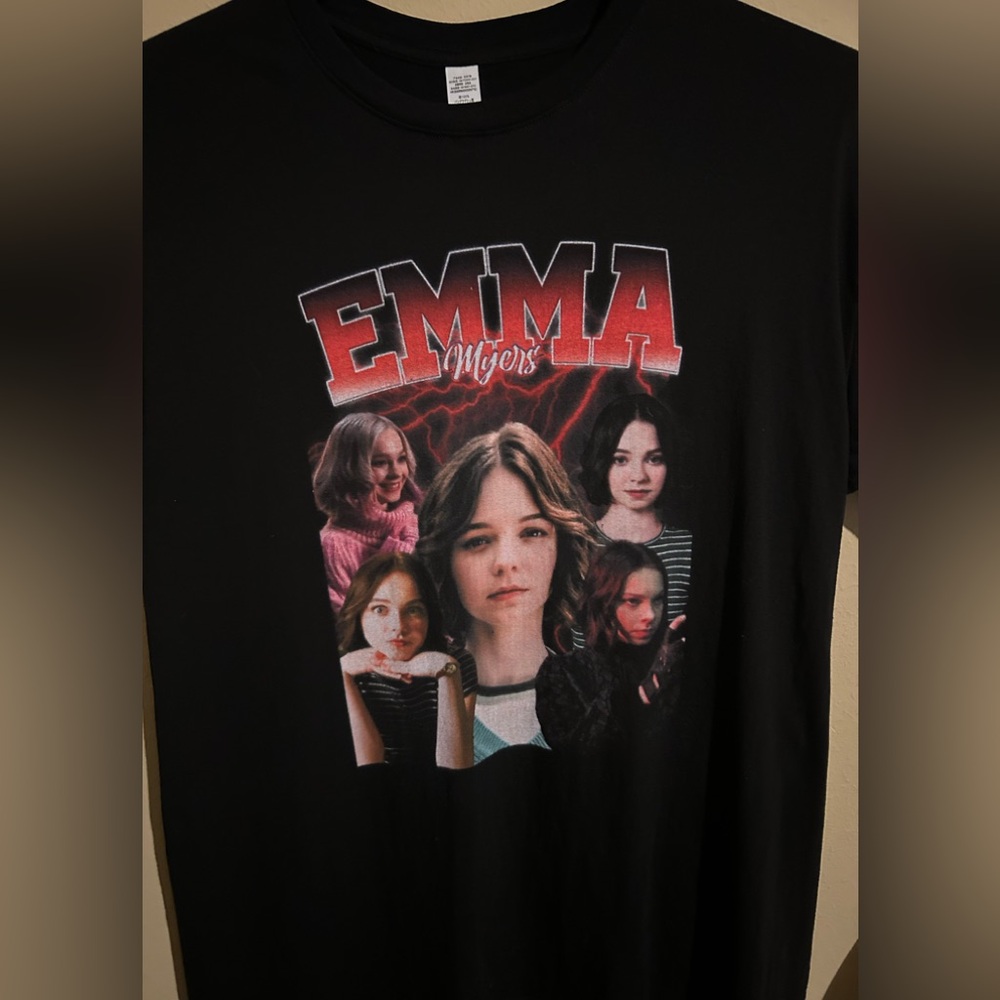 Black Graphic T-Shirt with Red and White Print